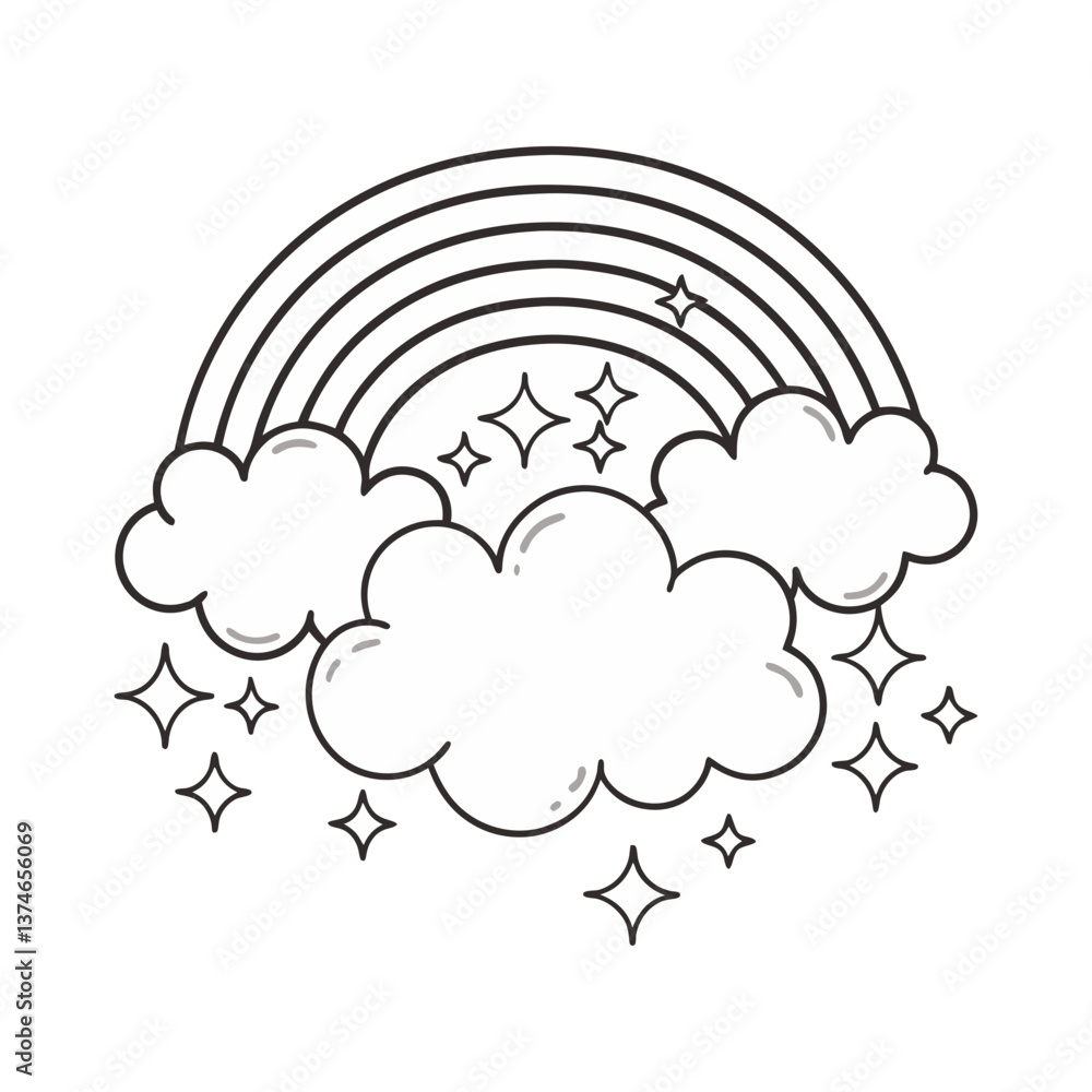 Poster vector illustration of a rainbow arcing over fluffy clouds with sparkling stars in a whimsical, mini