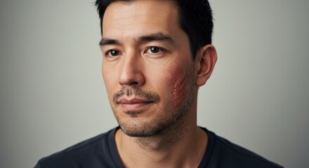 Obraz premium Man displaying contemplation with a scarred face against a plain background 