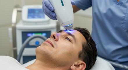 Man receiving laser skin treatment in dermatology clinic for skin care and aesthetic enhancement