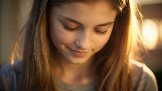 A teenage girl with a gentle smile looks down shyly, lost in thought