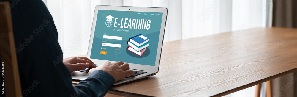 Poster e-learning website with modish sofware for student to study online on the internet network