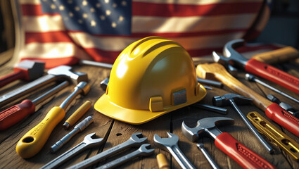 Labor Day themed image featuring various tools, a yellow industrial helmet, and an American flag on a wooden surface