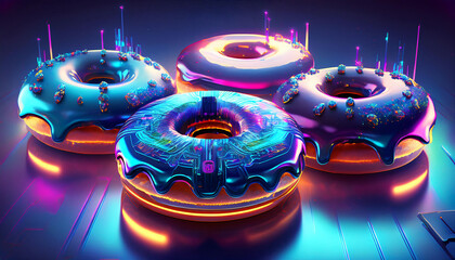 Assortment of futuristic AI-themed donuts, each designed with glowing electronics circuits indicating advancing technology 
