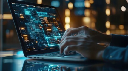 Blockchain Developer Working on Laptop, Program Visible on Screen