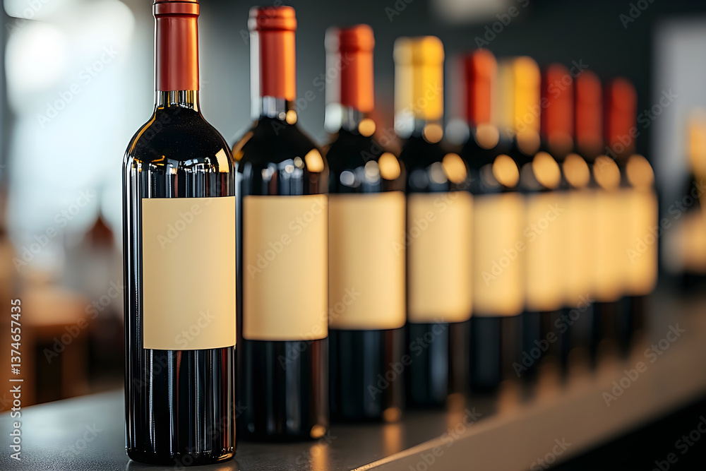 Poster collection of wine bottles with blank labels arranged on a countertop. generative ai.