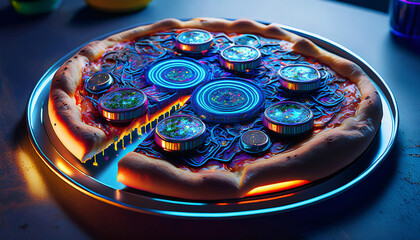 Futuristic AI-themed pizza meal, where both the pizza and accompanying items 