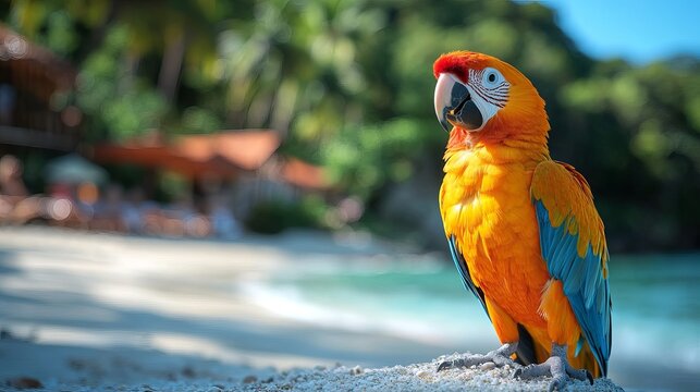 Beautiful macaw parrot on tropical beach background exotic bird photography wildlife colorful feathers nature  