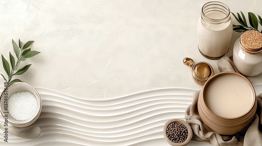 Poster a table topped with two cups of milk and two jars filled with different types of milk next to each o