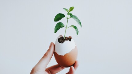 Person Holding Tiny Plant Growing From Eggshell in Minimalistic Setting