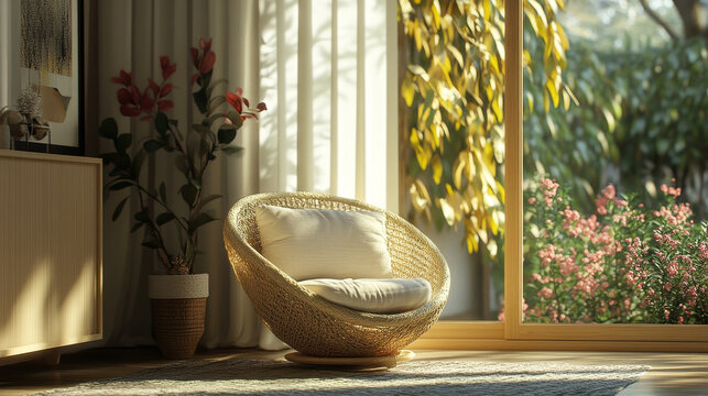 Fototapeta A cozy corner for relaxation with a comfortable armchair and nature-inspired decor. The muted color palette enhances the elegant, minimalist style.