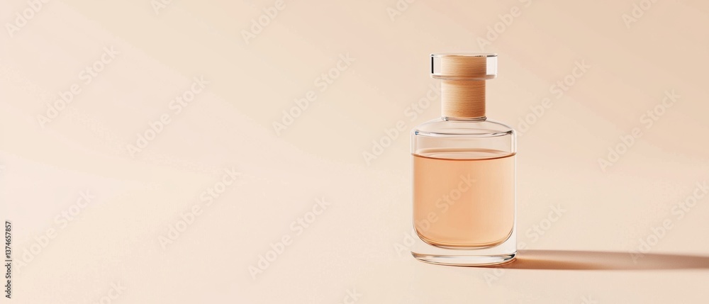 Poster 3d rendering of a glass bottle with a cork stopper. the bottle is empty and is placed on a light pin