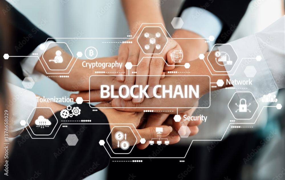 Aufkleber a group of diverse individuals showcases teamwork around blockchain technology, emphasizing security