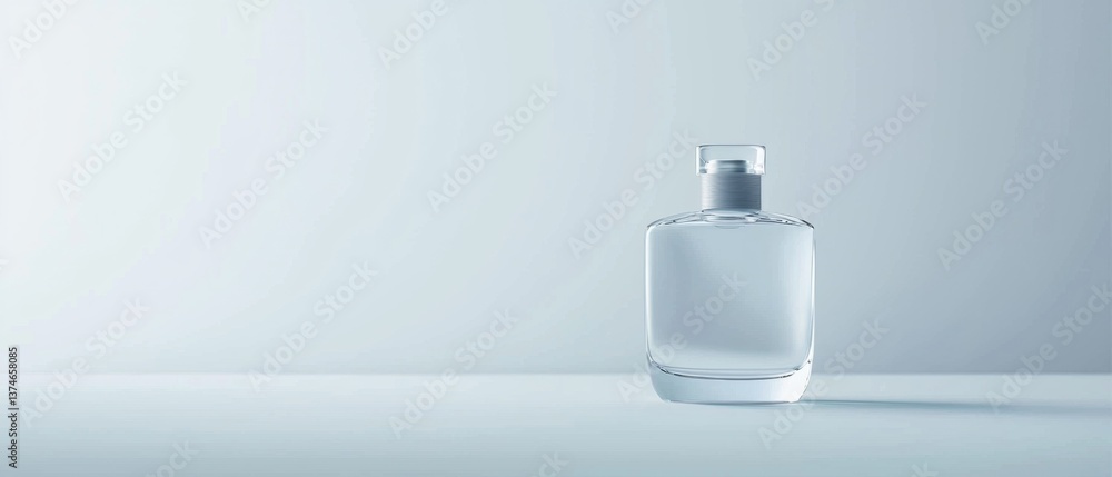 Poster 3d rendering of a glass perfume bottle. the bottle is empty and is placed on a light blue background