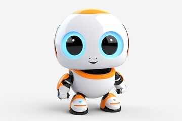 Striking orange and white toy robot with big eyes and black details stands out against a white background, showcasing its playful design