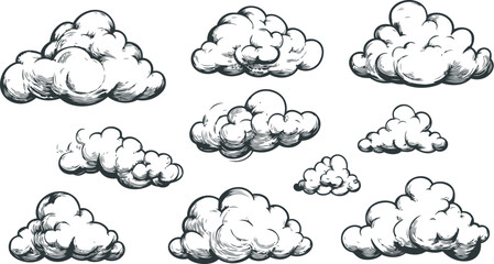 White fluffy clouds illustration black and white vector retro hand drawn style. Vector illustration
