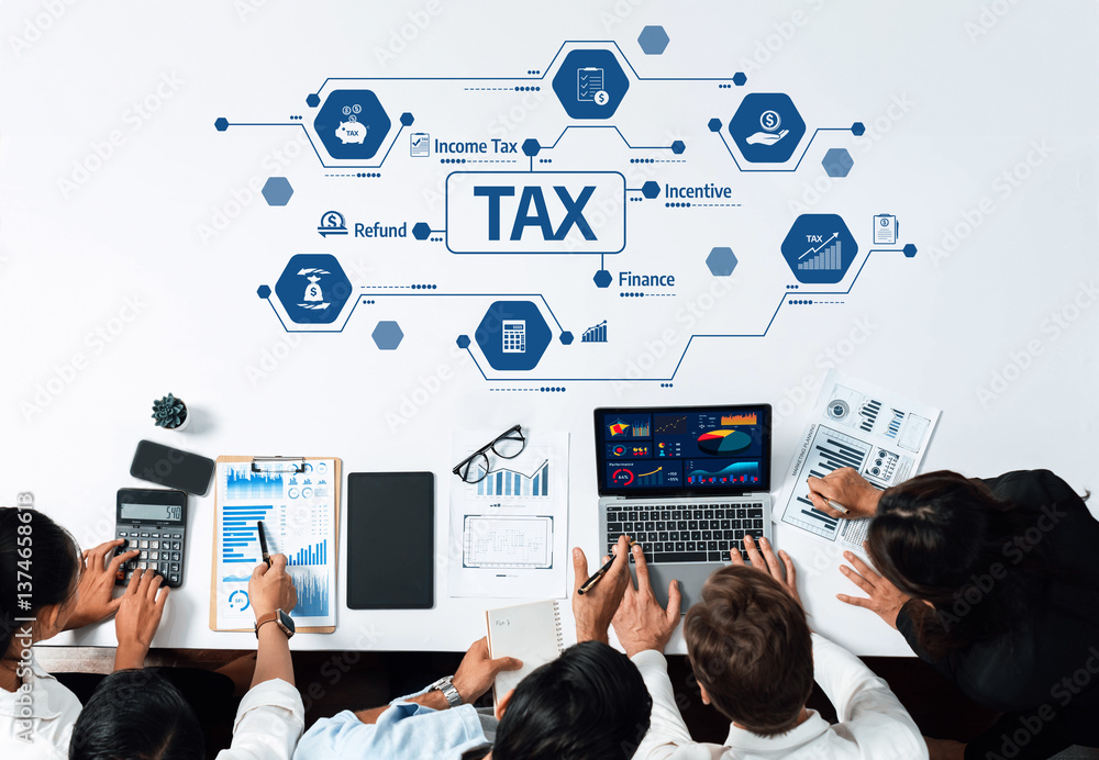 Aufkleber dynamic team engages in tax planning and financial analysis using digital tools, showcasing collabor