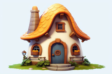 Cartoon house with orange tiled roof, wooden door, windows, chimney and surrounded by green grass and colorful flowers is evoking a sense of fairytale charm and cozy living