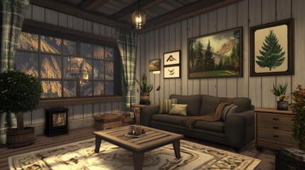  A cozy corner with a plush sofa, abstract artwork, and sculptural decor, capturing the essence of modern minimalism with a soft, inviting atmosphere.

