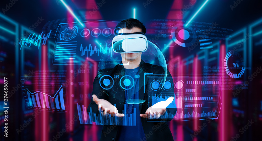 Poster project manager holding financial hologram while wearing vr glasses at data center. professional bus