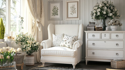 Interior design of white living room space with modern armchair, flowers in vase, commode,  books, plants and personal accessories. Template. Home decor.