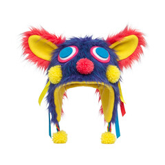 Fototapeta premium Whimsical monster hat with pom-poms and ribbons. clipart isolated on transparent background