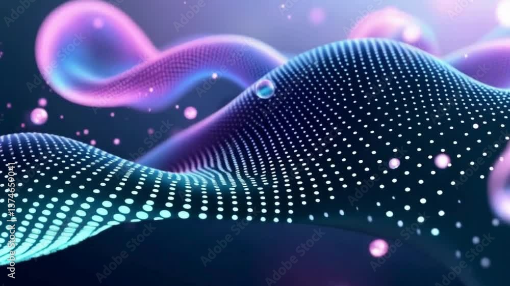 Poster abstract particle wave, glowing orb motion, digital data stream video