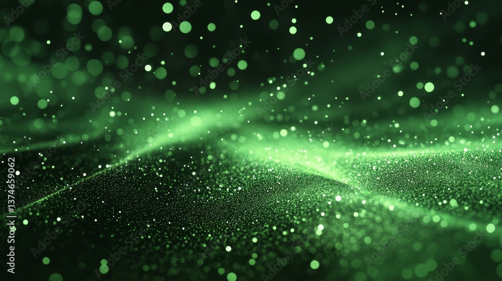 Poster abstract green glowing light pattern on black background with grainy texture for presentations