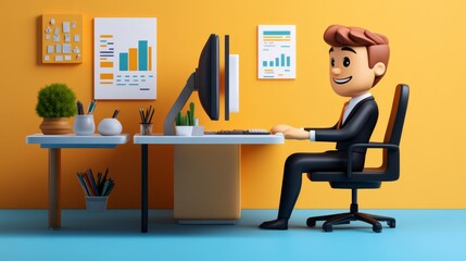 Happy businessman, illustrated as a 3d character, sitting at a desk and engaging in computer work and financial analysis, showcasing both front and back views of the office worker in  modern workspace