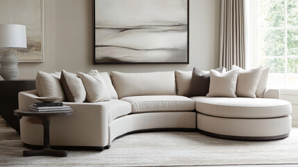 A serene living room with a neutral color palette, featuring a plush curved sofa, abstract artwork, and soft textures for a warm, modern aesthetic.