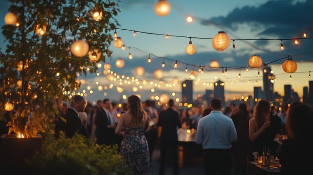 Elegant rooftop soiree at dusk  guests dancing under string lights with city skyline backdrop