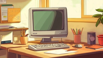 Cartoon illustration of a desktop computer on a wooden desk surrounded by office supplies including a notepad, pen, coffee mug, and sticky notes, ideal for workspace and productivity themes.