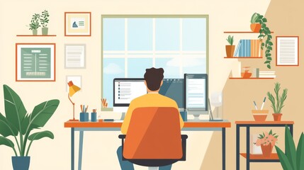 "Professional therapist conducting virtual counseling session in a calm and well-organized home office with modern minimalist décor and natural lighting