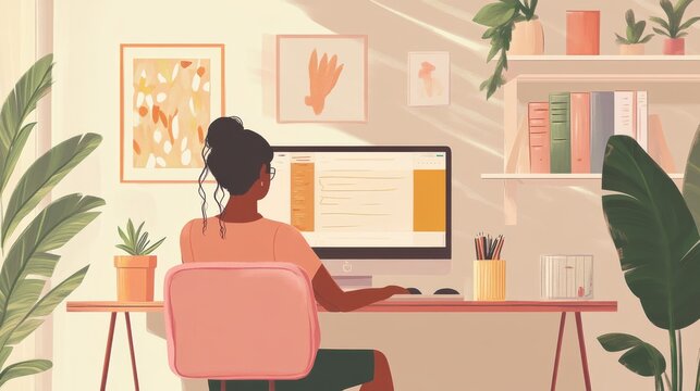 "Professional therapist conducting virtual counseling session in a calm and well-organized home office with modern minimalist decor and natural lighting