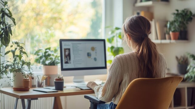 "Professional therapist conducting virtual counseling session in a calm and well-organized home office with modern minimalist décor and natural lighting
