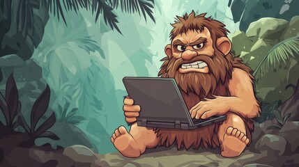 Cartoon illustration of a prehistoric caveman using a modern laptop computer with surprised expression &ndash; humorous vector clip art with simple gradients and single layer design