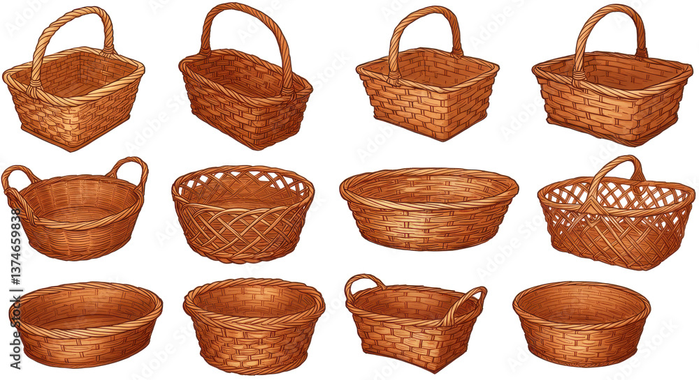 Poster a collection of various brown woven baskets with different shapes and handle styles on a black backg