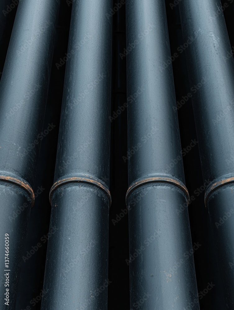Poster close-up of a group of six black pipes. the pipes are arranged in a vertical line, with each pipe sl