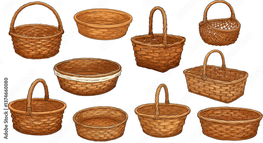 Aufkleber a collection of various woven baskets with different shapes and sizes on a black background display
