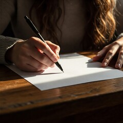 A close-up of a person's hands writing on a blank sheet of paper with a black pen, on a wooden...