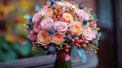 Fototapeta premium Elegant bouquet showcasing vibrant roses and unique accents in a garden setting on a bright afternoon, perfect for a romantic celebration or special event