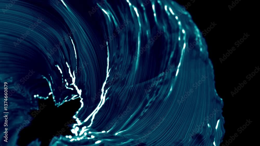 Poster blue wavy swirling whirlpool on dark background. 3d animation loop