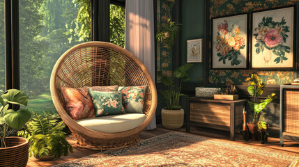 A serene living space featuring a woven chair, soft textiles, and carefully curated decor. The neutral tones and sculptural details evoke calm and elegance.