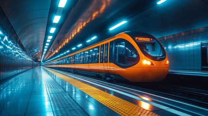 Fototapeta premium A sleek, modern subway train arrives at an urban station, illuminated by blue and orange lights during the evening commute. Commuters prepare to board as the train halts.