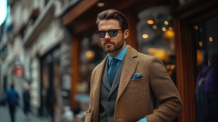 Obraz premium Elegant man in stylish attire confidently strolls through a bustling city street, showcasing contemporary fashion against a vibrant urban backdrop