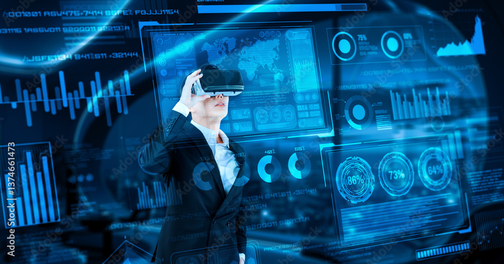 Poster project manager with vr goggles looking financial chart and glowing blue light at office. skilled bu