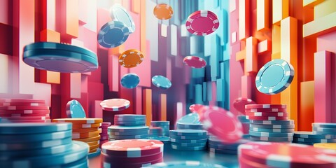 Colorful chips floating in a vibrant digital casino environment. Generative AI