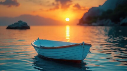Fototapeta premium Sunset Serenity on Calm Waters with a Lone Boat in Tranquil Shores
