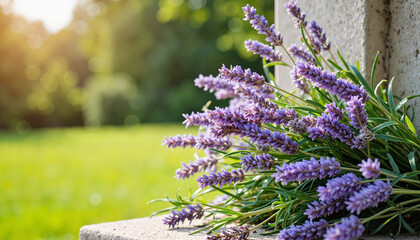 Elegant lavender funeral wreath on stone altar, remembrance concept