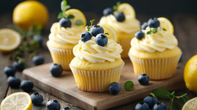 Lemon vanilla cupcakes with cream cheese frosting, topped with blueberries and fresh herbs--vibrant and festive