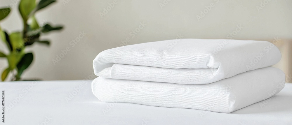 Poster stack of folded white sheets on a white surface. the sheets are neatly folded and stacked on top of 